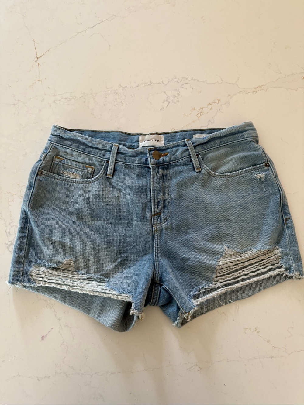 Frame Denim Light Blue Distressed Denim Shorts